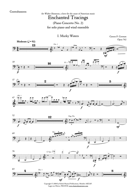 Carson Cooman Enchanted Tracings Piano Concerto No 2 2008 For Solo Piano And Wind Ensemble Contrabassoon Part Sheet Music