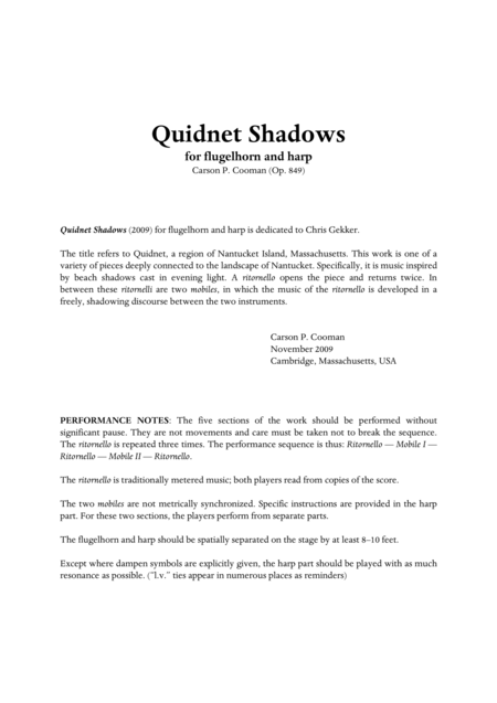 Carson Cooman Quidnet Shadows 2009 For Flugelhorn And Harp Sheet Music