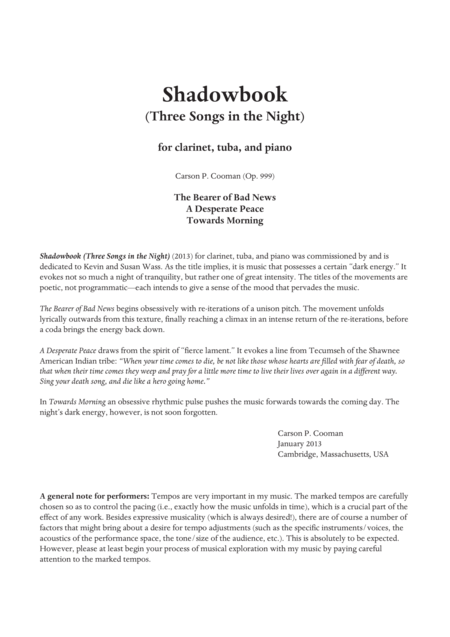 Free Sheet Music Carson Cooman Shadowbook Three Songs In The Night 2013 For Clarinet Tuba And Piano