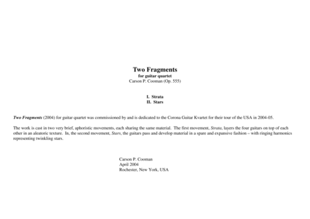 Carson Cooman Two Fragments 2004 For Guitar Quartet Sheet Music