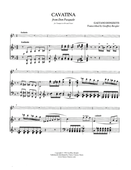 Free Sheet Music Cavatina From Don Pasquale For Trumpet Piano