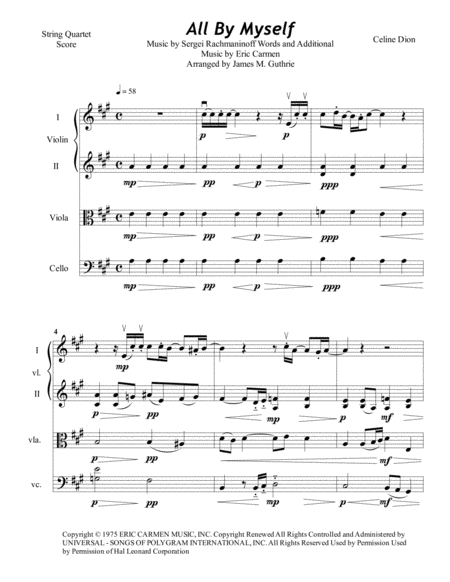 Free Sheet Music Celine Dion All By Myself For String Quartet