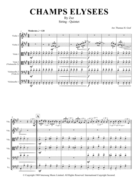 Champs Elysees Zaz String Quintet Sheet Music