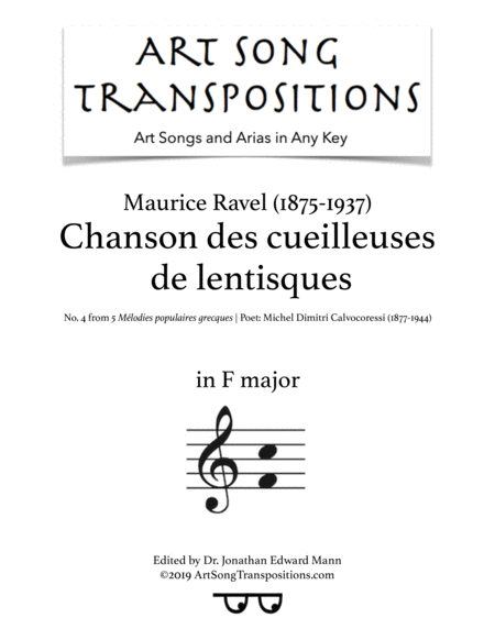 Chanson Des Cueilleuses De Lentisques Transposed To F Major Sheet Music