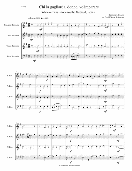 Chi La Gagliarda Whoever Wants To Learn The Galliard Arranged For Recorder Quartet Sheet Music