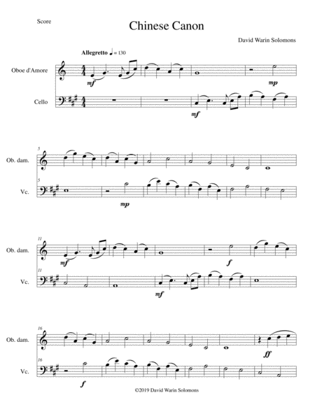 Free Sheet Music Chinese Canon For Oboe D Amore And Cello