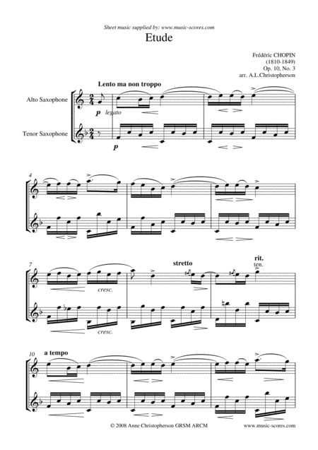 Chopin Etude No 3 Alto And Tenor Sax Duet Sheet Music