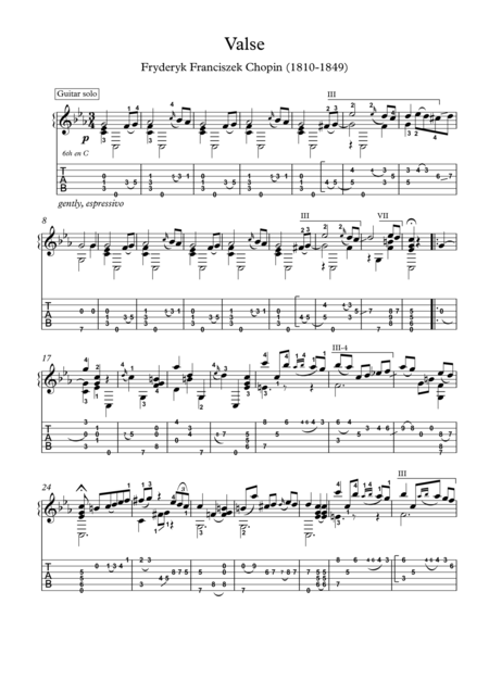 Chopin Grande Valse Brillante Op 34 No 2 Guitar Solo With Tablature Sheet Music