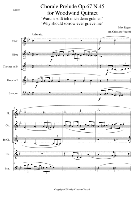 Free Sheet Music Chorale Prelude Op 67 N 45 For Woodwind Quintet