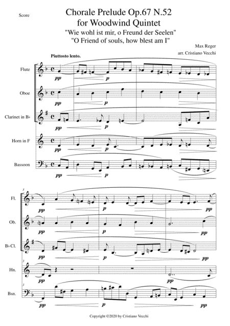 Chorale Prelude Op 67 N 52 For Woodwind Quintet Sheet Music