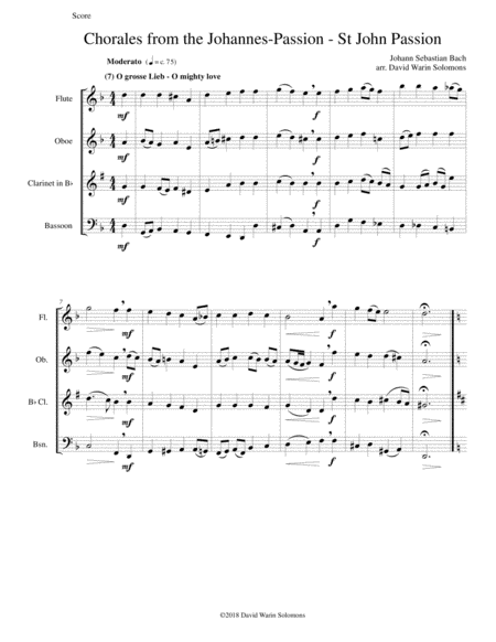 Chorales From The Johannes Passion St John Passion For Wind Quartet Sheet Music