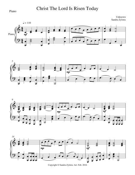 Free Sheet Music Christ The Lord Is Risen Today Piano Part Only