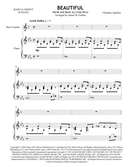 Free Sheet Music Christina Aguilera Beautiful For Bass Clarinet Piano
