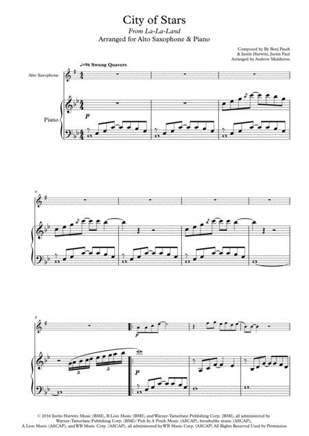 City Of Stars Arranged For Alto Saxophone And Piano Sheet Music