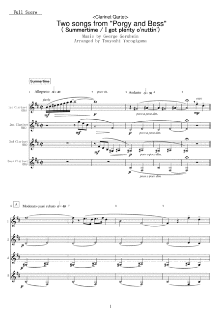 Free Sheet Music Clarinet Qartet Two Songs From Porgy And Bess