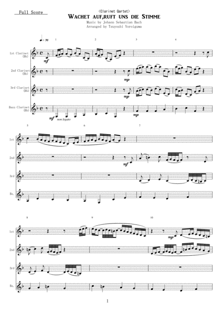 Free Sheet Music Clarinet Qartet Wachet Auf Ruft Uns Die Stimme