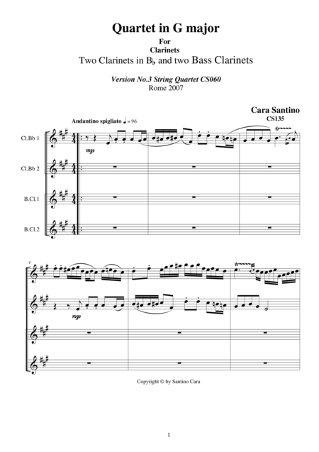 Clarinet Quartet In G Major Cs135 Sheet Music