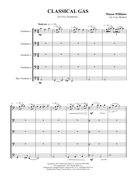 Classical Gas For Trombone Quintet Sheet Music