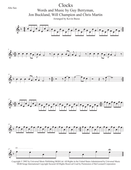 Clocks Original Key Alto Sax Sheet Music