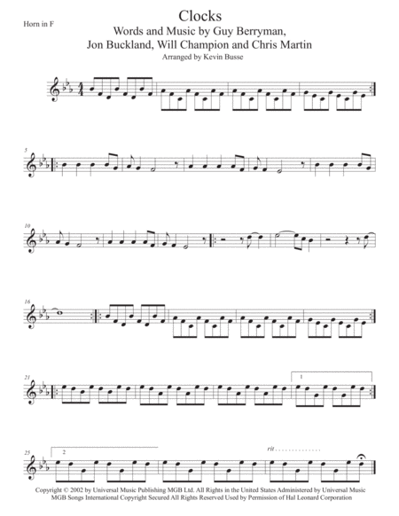 Clocks Original Key Horn In F Sheet Music