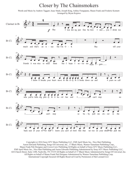 Closer Bb Clarinet Play Along Sheet Music