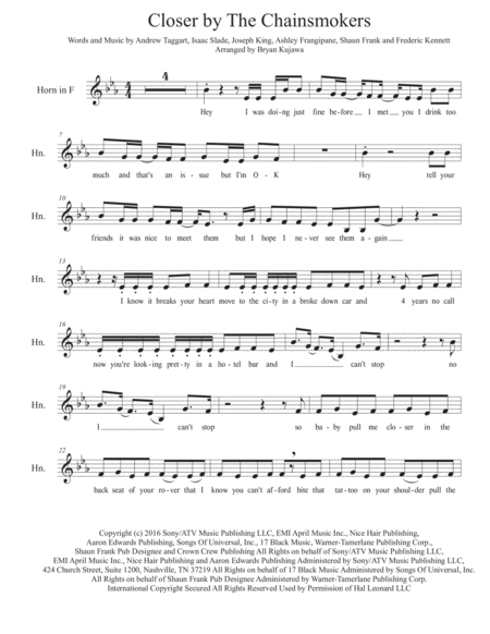 Closer French Horn Play Along Sheet Music