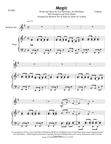 Coldplay Magic For Bari Sax Piano Sheet Music