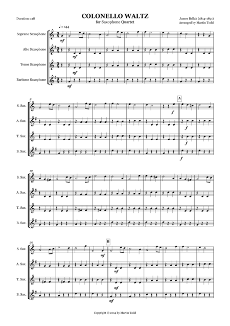 Colonello Waltz For Saxophone Quartet Sheet Music