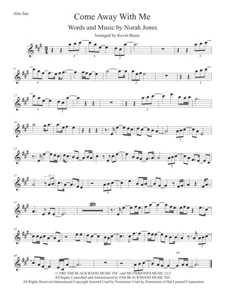 Free Sheet Music Come Away With Me Original Key Alto Sax