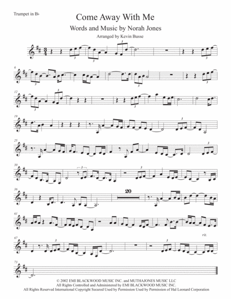 Come Away With Me Original Key Trumpet Sheet Music