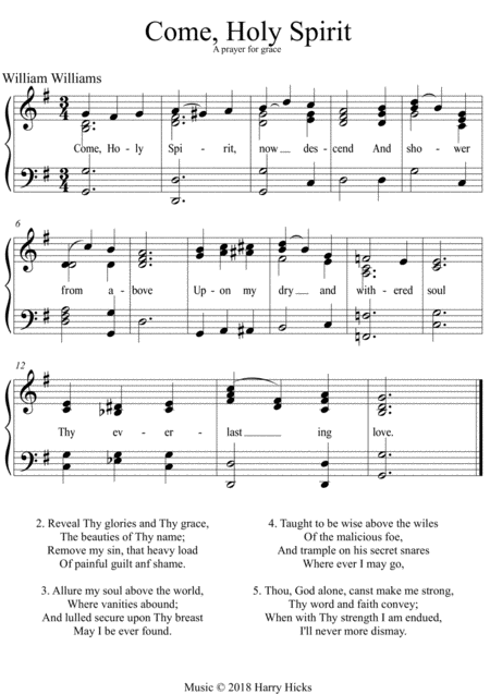 Come Holy Spirit A New Tune To A Wonderful William Williams Hymn Sheet Music