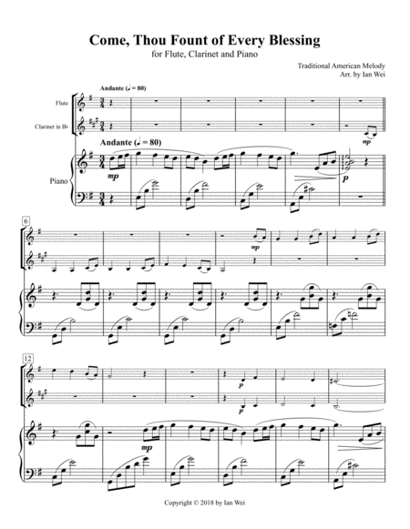 Come Thou Fount Of Every Blessing For Flute Clarinet And Piano Sheet Music