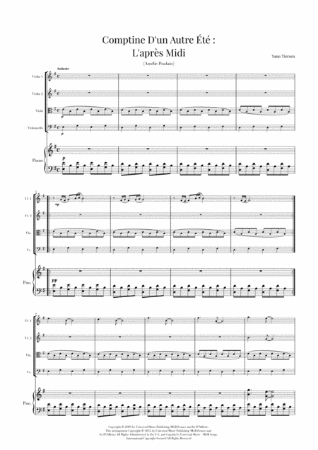 Comptine D Un Autret L Aprs Midi Yann Tiersen String Quartet And Piano Sheet Music