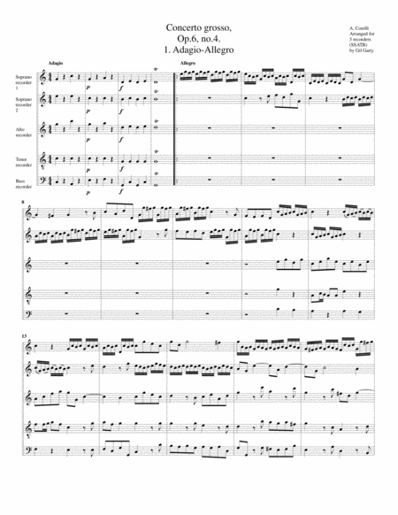 Free Sheet Music Concerto Grosso Op 6 No 4 Arrangement For 5 Recorders