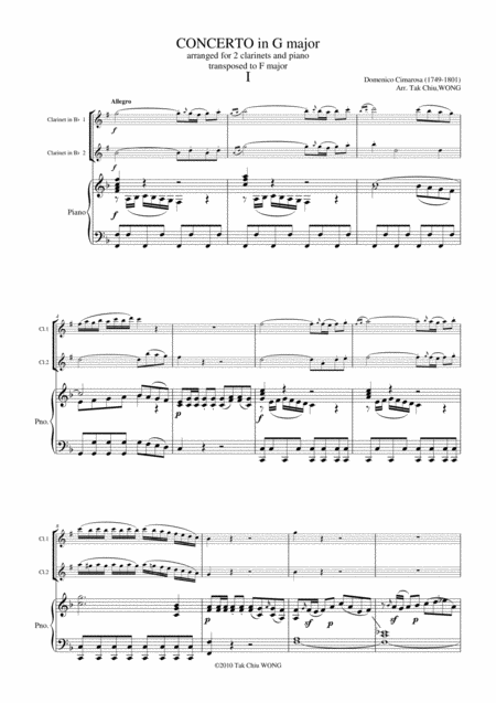 Free Sheet Music Concerto In G Major G 1077 Arranged For 2 Clarinets And Piano