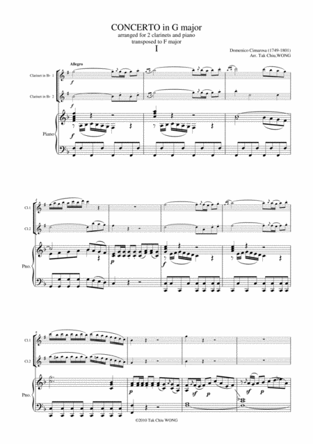 Concerto In G Major G 1077 Arranged For 2 Clarinets And Piano Sheet Music