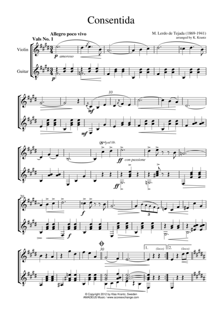 Consentida Mexican Waltz For Violin And Guitar Sheet Music