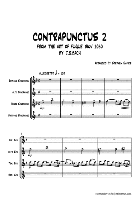 Free Sheet Music Contrapunctus 2 From The Art Of Fugue By Js Bach Bwv1080 For Saxophone Quartet