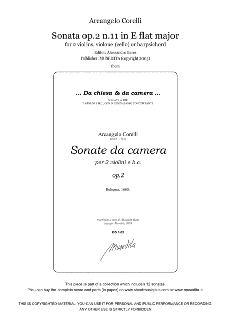 Free Sheet Music Corelli Sonata Op 2 N 11 In E Flat Major