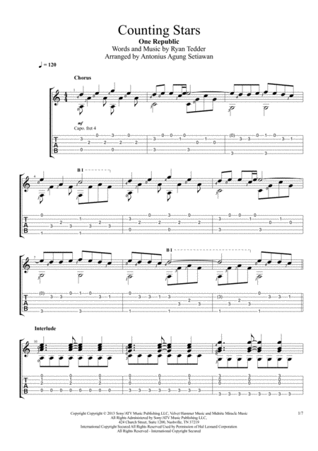 Free Sheet Music Counting Stars Fingerstyle Guitar Solo