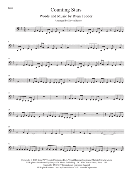 Counting Stars Original Key Tuba Sheet Music