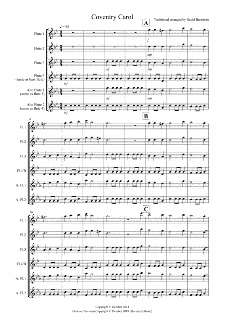 Free Sheet Music Coventry Carol For Flute Quartet