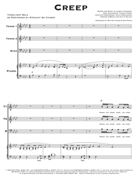 Creep As Performed By Straight No Chaser Three Part Male Sheet Music