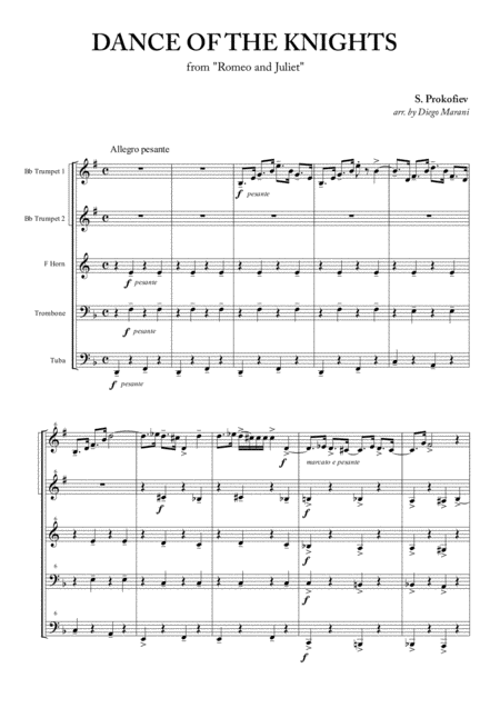 Dance Of The Knights From Romeo And Juliet For Brass Quintet Sheet Music