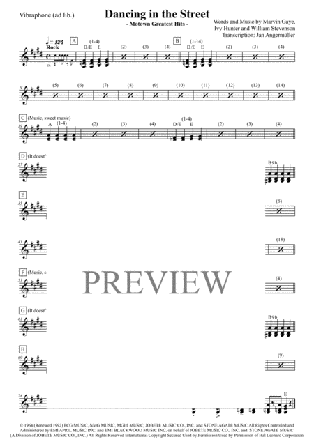 Dancing In The Street Vibraphone Transcription Of The Part From The Original Matha And The Vandellas Motown Recording Sheet Music