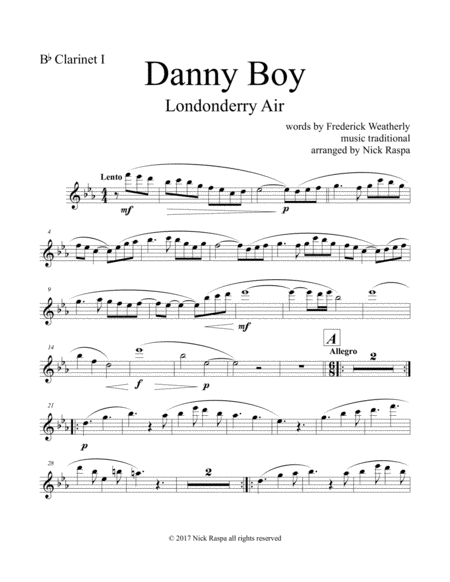 Danny Boy For Clarinet Quintet B Flat Clarinet I Part Sheet Music