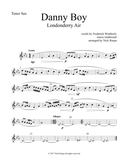 Free Sheet Music Danny Boy For Saxophone Quintet Tenor Sax Part