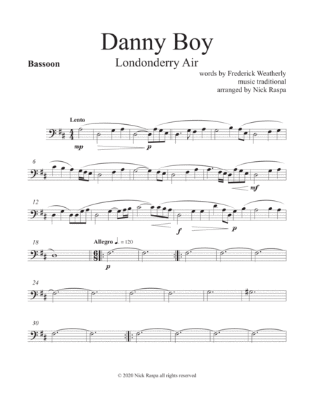 Danny Boy Londonderry Air Woodwind Quintet Bassoon Part Sheet Music