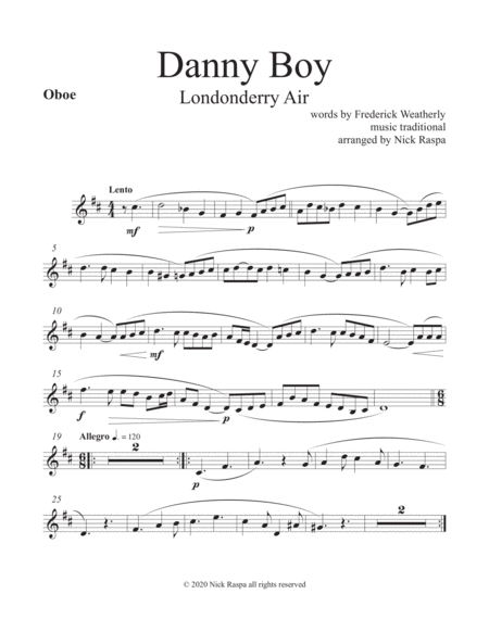 Free Sheet Music Danny Boy Londonderry Air Woodwind Quintet Oboe Part