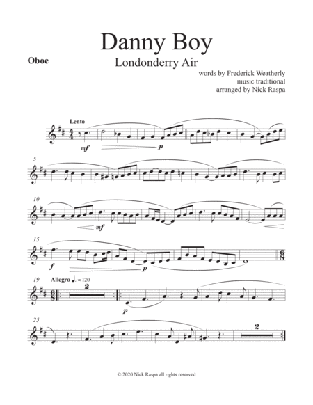 Danny Boy Londonderry Air Woodwind Quintet Oboe Part Sheet Music